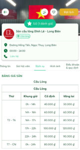 Ứng dụng ALOBO hiển thị bảng giá thuê sân cầu lông Hà Nội tại Sân cầu lông Đình Lệ