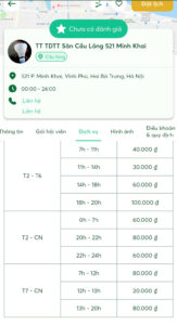 Thông tin đặt sân cầu lông của sân 521 Minh Khai trên ALOBO