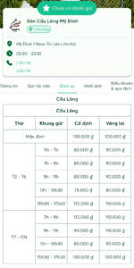 Chi tiết dịch vụ và bảng giá Sân cầu lông Mỹ Đình trên ALOBO