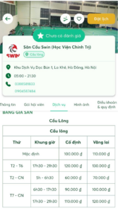 Bảng giá các khung giờ của Sân cầu lông Swin Học viện Chính trị