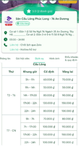 Ứng dụng ALOBO hiển thị bảng giá thuê sân cầu lông Phúc Long 76 An Dương