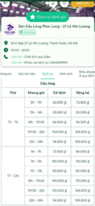 Ứng dụng ALOBO hiển thị bảng giá thuê sân cầu lông Hà Nội tại Phúc Long